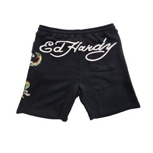 Ed Hardy Fleece Signed Graffiti Shorts Men's L Large Black Elastic NWT 7" Inseam
